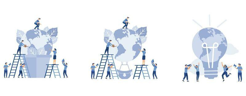 Earth day concept, people prepare for the day of the environment,  a balloon in the form of a planet, save energy and planet, flat vector modern illustration