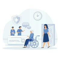 healthcare concept, Patients at a hospital reception desk registering and paying at the desk. flat vector modern illustration