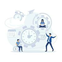 Time management, control. Businessman run along gear in form of clock. Organization of process, flat vector modern illustration