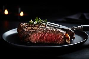 stock photo of wagyu beef steak Roast in plate with knife and fork food photography