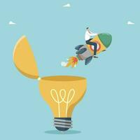 Rapid climbing career ladder through creativity or brainstorming, innovation to achieve success, logic or intelligence in business development decision making, man takes off on rocket from light bulb. vector