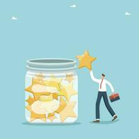 Aspiration and creativity in achieving goals and high results in a career or training, victory and triumph in business, growth promotion and receiving an award, man throws a star into a jar of stars. vector