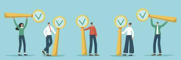 A set of illustrations of random people holding magnifying glasses. Choice concept. Questioning and voting, survey and testing. Check and track the progress of tasks in a planner or calendar. vector