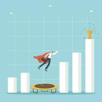 Find ways or methods to increase income and profit during economic crisis, overcoming financial difficulties, making risky decisions to achieve success, businessman using trampoline jumps over graph. vector