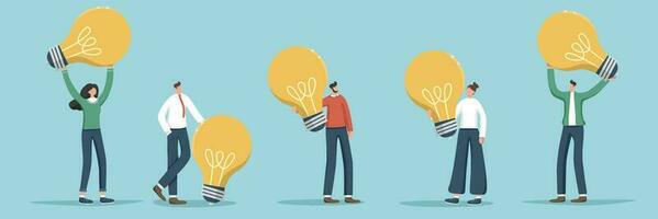 Set of illustrations of random people and they are holding huge light bulbs. Searching for ideas for business. Innovation and acquisition of new knowledge, brainstorming to achieve success. vector