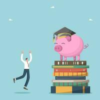 Financial education, budget planning for college or university, investing in training and knowledge, personal finance management and financial literacy, happy man near stack of books and piggy bank. vector