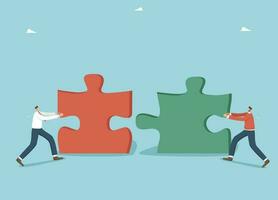 Collaboration or partnership in achieving common goals, brainstorming to create business ideas or strategy, teamwork to achieve the best result and great success, two businessmen put together puzzles. vector