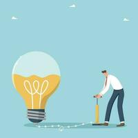 Creative approach and intelligence to create new business ideas, creative thought process and thinking to solve work problems, intelligence and wisdom to achieve goals, man fills light bulb with pump. vector