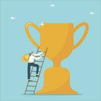 Brilliant idea for award, intelligence and intuition contribute to achievement of goals, creative methods for solving business problems and getting success, man with a light bulb climbs stairs to cup. vector