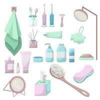 un conjunto de baño y ducha accesorios. cuerpo productos cosméticos en plano vector estilo. toalla, cepillos de dientes, maquinilla de afeitar, ducha, toallitas, jabón, ducha gel, champú, cara crema y suero, perfumes y más.