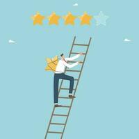 Five star rating, product quality and positive service feedback, user experience, evaluation rank concept, user satisfaction rating, feedback, businessman climbs the ladder with a star to a rating. vector