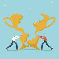 Teamwork to achieve the highest result in work, cooperation and partnership to achieve common goals, choose a winning business development strategy together, two businessmen collect two parts of cup. vector