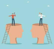 Disagreements of team players or team conflict, different vision of business development, contradictions in decision making, two businessmen standing in big human heads and arguing with loudspeakers. vector