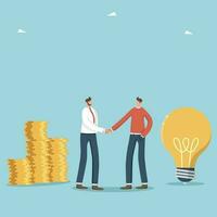 Buying intellectual property, innovation and new ideas for business development and additional profit, creativity and brainstorming, two businessmen shake hands and exchange money for a light bulb. vector