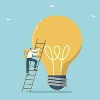 Brilliant idea for an award, creative methods to solve business problems, creativity to find successful strategies, implementation of innovative ideas, man with cup climbs a stairs to the light bulb. vector