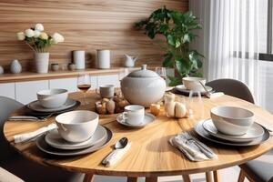 stock photo of ceramic table setting set on the dining room photography