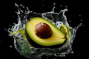 stock photo of water splash with avocado slice isolated food photography