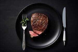 stock photo of wagyu beef steak Roast in plate with knife and fork food photography