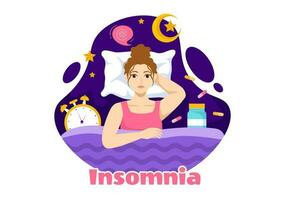Insomnia Vector Illustration with Young People Unable to Sleep, Thinking and Eyes Open at Night Bedroom in Flat Cartoon Hand Drawn Templates