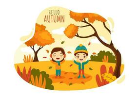 otoño vector ilustración niños panorámico de montañas y arce arboles caído con amarillo follaje en dibujos animados mano dibujado aterrizaje página plantillas