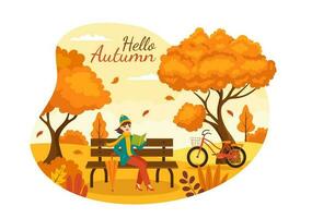 Autumn Vector Illustration Panoramic of Mountains and Maple Trees Fallen with Yellow Foliage in Flat Cartoon Hand Drawn Landing Page Templates