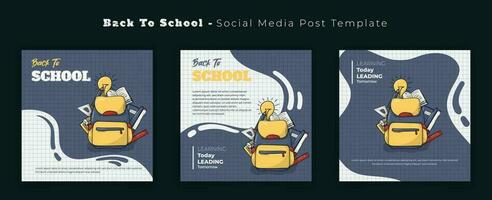 Set of social media post template with grid background and cartoon of school stationary design vector