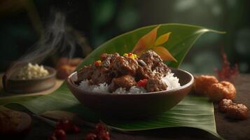 stock photo of hyperrealistic portrait rendang indonesian food photography