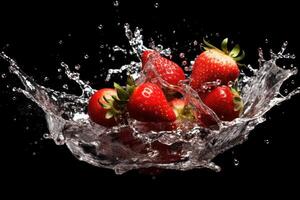 stock photo of water splash with sliced strawberries isolated food photography