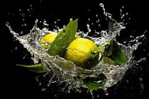 stock photo of water splash with green mango isolated food photography