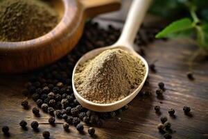 stock photo of black pepper powder on the kitchen flat lay photography