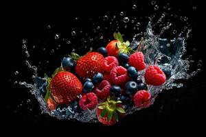stock photo of water splash with mix berries isolated food photography