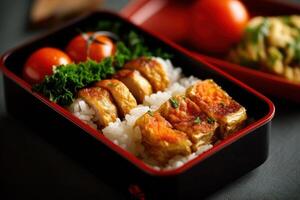 stock photo of Tamagoyaki Japanese Rolled omelette in bento with rice food photography