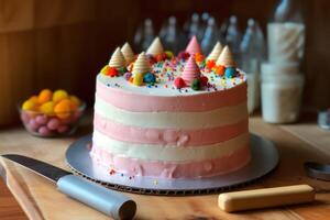 stock photo of make slice birthday cake in the kitchen food photography
