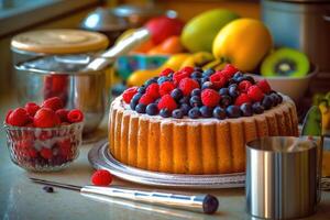 valores foto de hacer fantástico fruita pastel en el cocina comida fotografía generativo ai