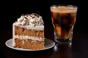 iced coffee with a slice cake Profesional advertising Food Photography AI Generated photo