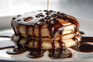 stock photo of warm pancake with chocolate syrup food photography