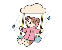 Rain day. A puppy in a raincoat is riding on a swing. A cute and simple illustration with a thick outline. vector