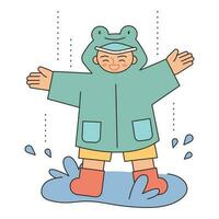 lluvioso día. un chico en un rana impermeable es jugando en un charco. sencillo ilustración con contornos vector