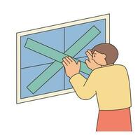 Rainy Day. A woman is putting tape on her windows in case of a typhoon. Simple illustration with outlines. vector