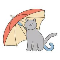 Rainy Day. A stray cat is sitting under an umbrella. Simple illustration with outlines. vector