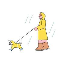 People on the street on a rainy day. A person and a dog are walking in raincoats. Simple flat design style illustration with outlines. vector