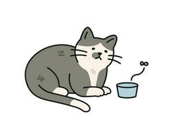 Cute cat. A dirty and hungry stray cat sits sadly in front of an empty feed bowl. vector