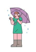 People on the street on a rainy day. A girl wearing a headset and holding an umbrella feels the rain. Simple flat design style illustration with outlines. vector