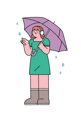 People on the street on a rainy day. A girl wearing a headset and holding an umbrella feels the rain. Simple flat design style illustration with outlines.