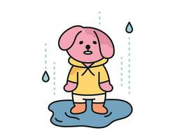 Rain day. The puppy is standing in the rain and wet. A cute and simple illustration with a thick outline. vector