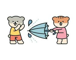 Rain day. Hamster friends are playing with umbrellas. A cute and simple illustration with a thick outline. vector