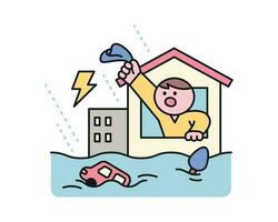 Rain day. A man is signaling for help through a window after a flood. A cute and simple illustration with a thick outline. vector