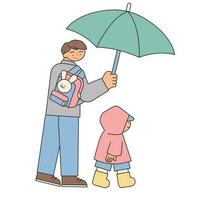 way to school. His dad is holding an umbrella for his little son on a rainy day. Simple illustration with outlines. vector