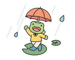 lluvia día. rana es disfrutando el lluvia con un gracioso sombrilla. un linda y sencillo ilustración con un grueso describir. vector