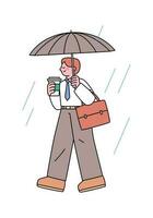 personas en el calle en un lluvioso día. un oficina trabajador caminando con un café en uno mano y un paraguas en el otro. sencillo plano diseño estilo ilustración con contornos vector